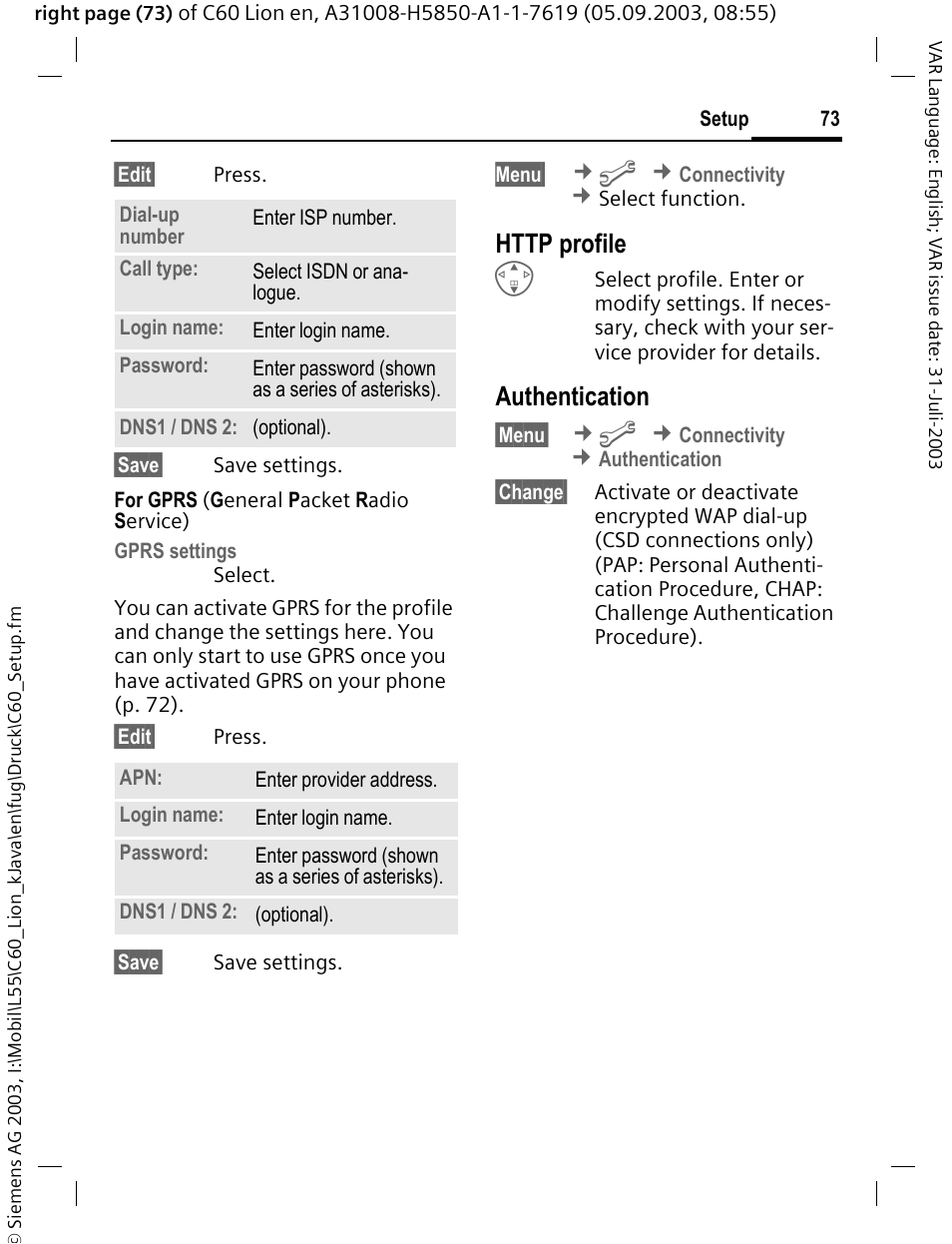 Ile (p. 73) a, P. 73) mus, Authentication | Siemens C60 User Manual | Page 74 / 112