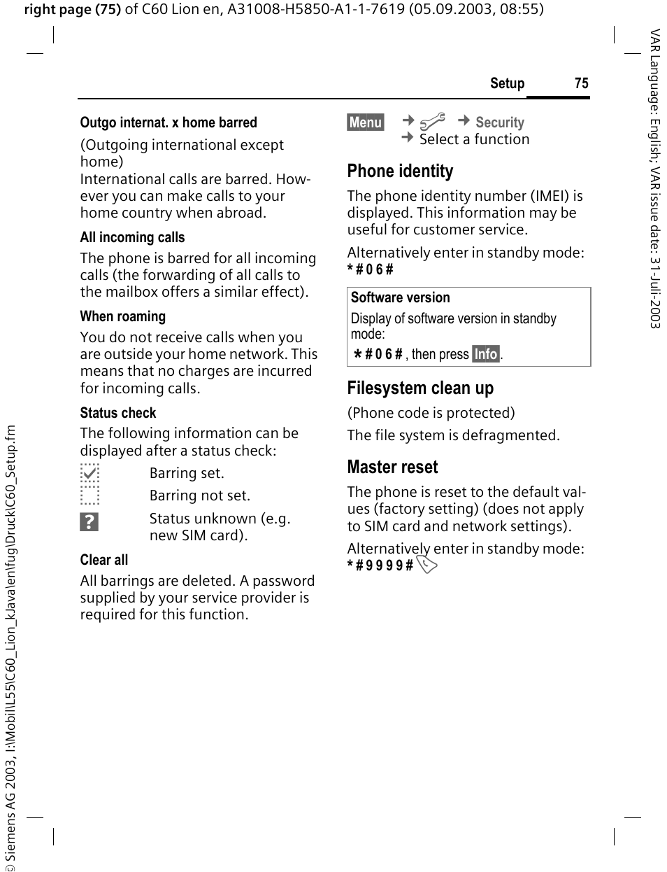 Phone identity, Filesystem clean up, Master reset | Siemens C60 User Manual | Page 76 / 112