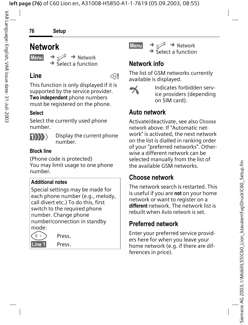 Network, Line b, Network info | Auto network, Choose network, Preferred network | Siemens C60 User Manual | Page 77 / 112