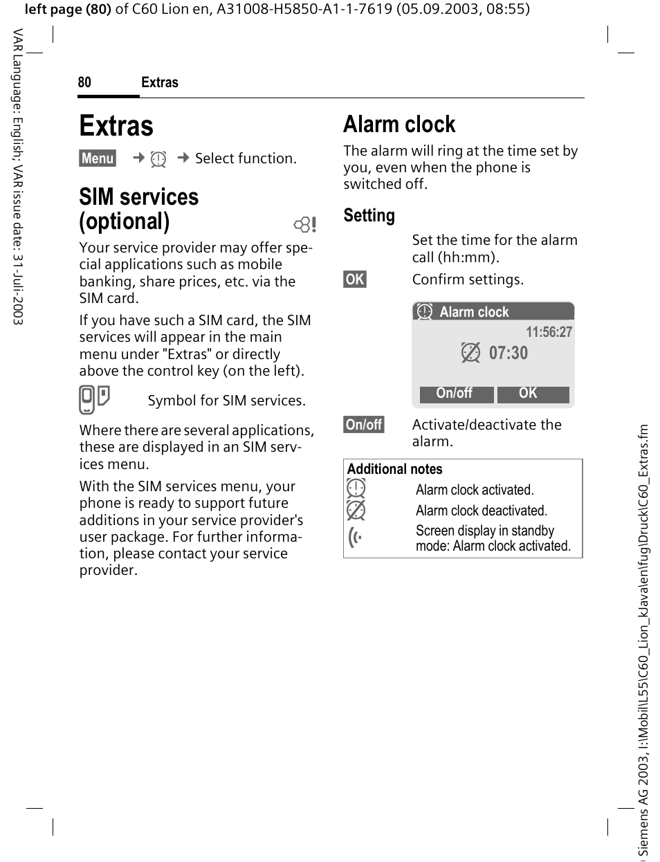 Extras, Sim services (optional) b, Alarm clock | Sim services (op, Sim services, Optional), Setting, Z 07:30 | Siemens C60 User Manual | Page 81 / 112