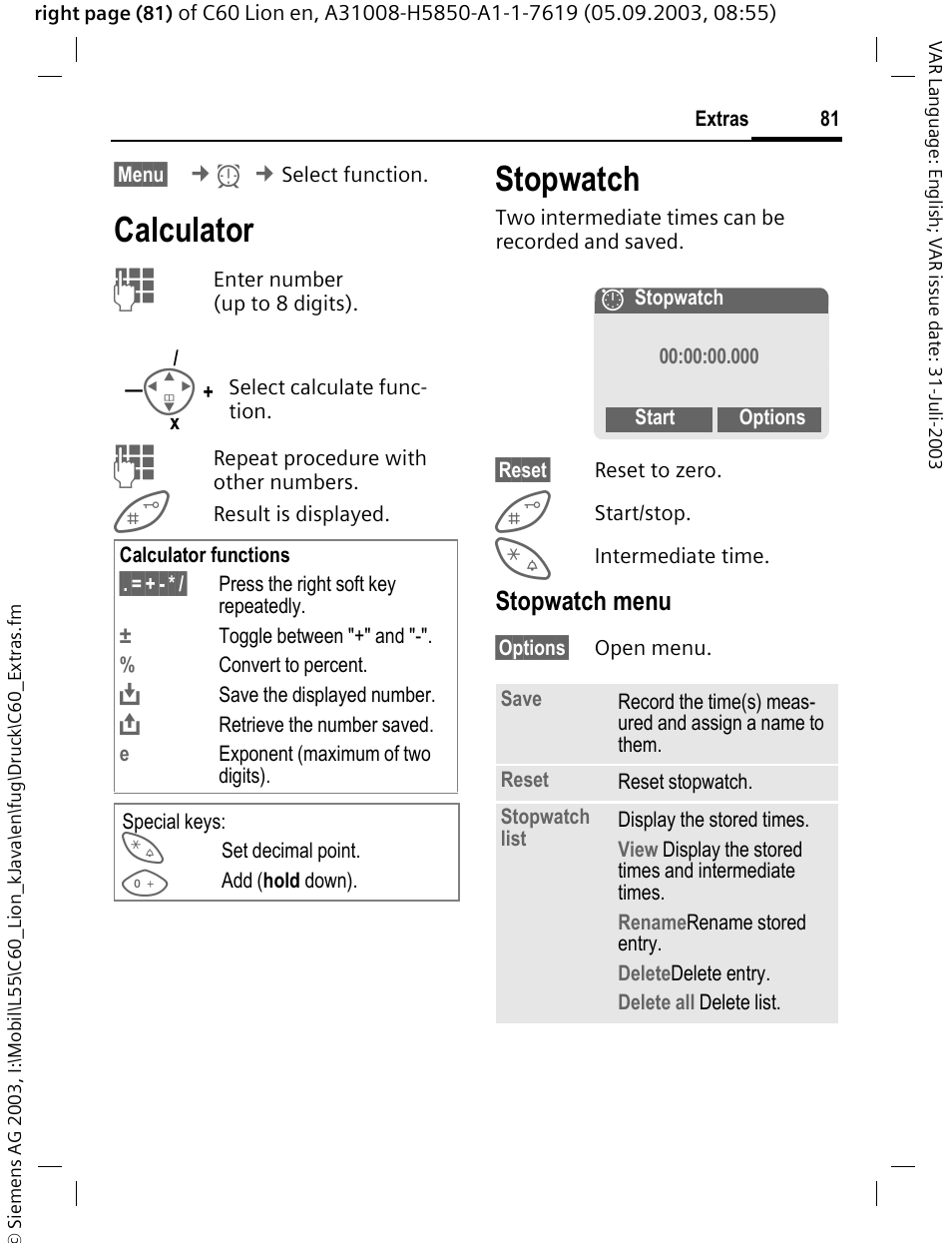 Calculator, Stopwatch, Stopwatch menu | Siemens C60 User Manual | Page 82 / 112