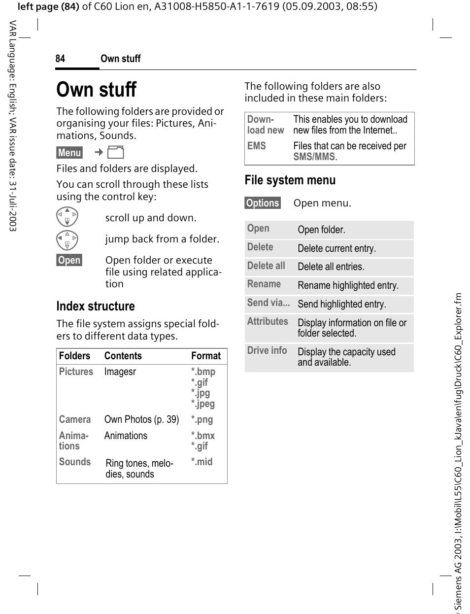 Own stuff, P. 84, P. 84) | Index structure, File system menu | Siemens C60 User Manual | Page 85 / 112