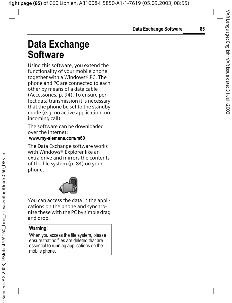 Data exchange software, Data exchange software | Siemens C60 User Manual | Page 86 / 112