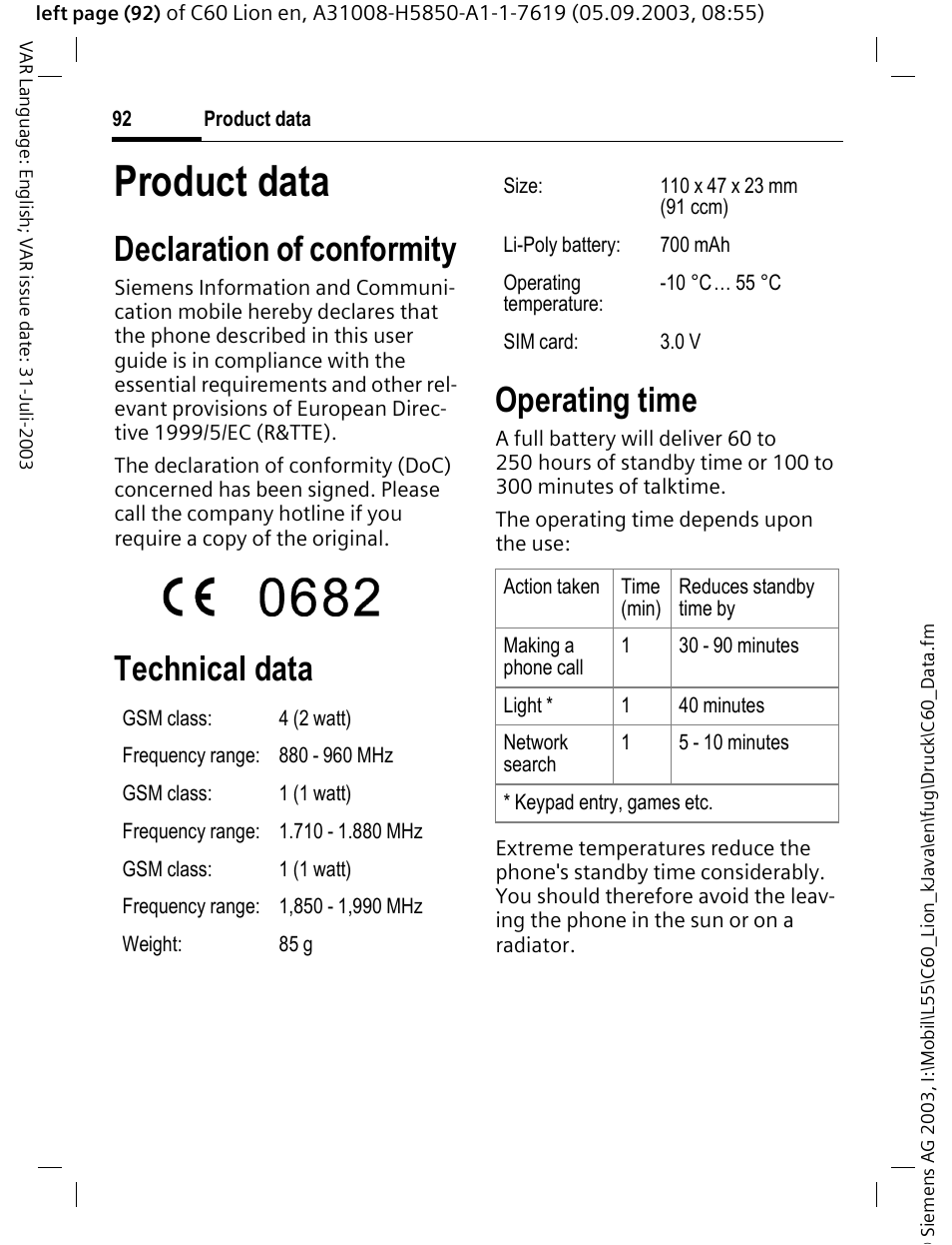 Product data, Declaration of conformity, Technical data operating time | Siemens C60 User Manual | Page 93 / 112