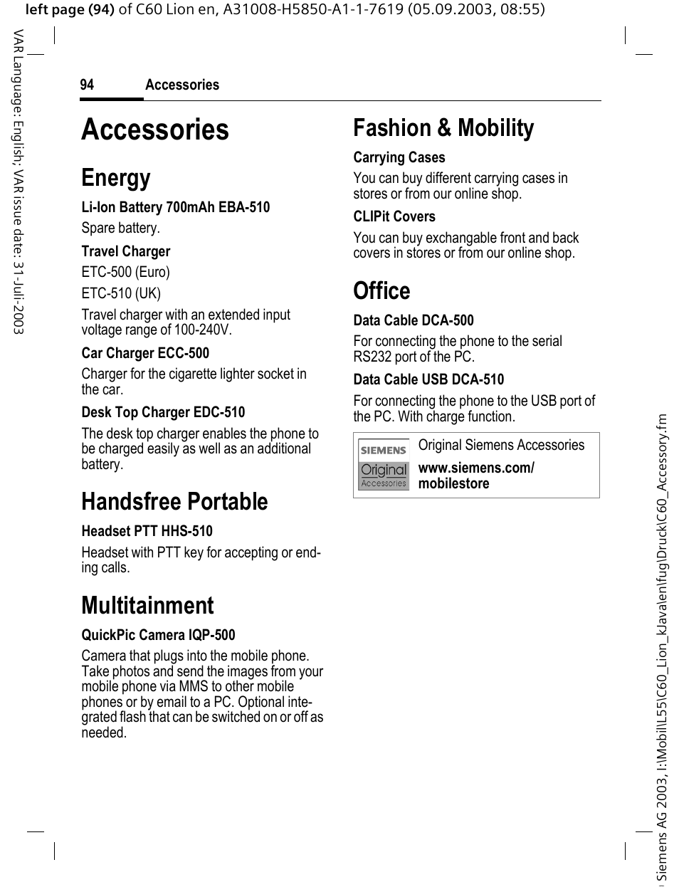 Accessories, The quickpic camera (p. 94) and can, Energy | Handsfree portable, Multitainment, Fashion & mobility, Office | Siemens C60 User Manual | Page 95 / 112