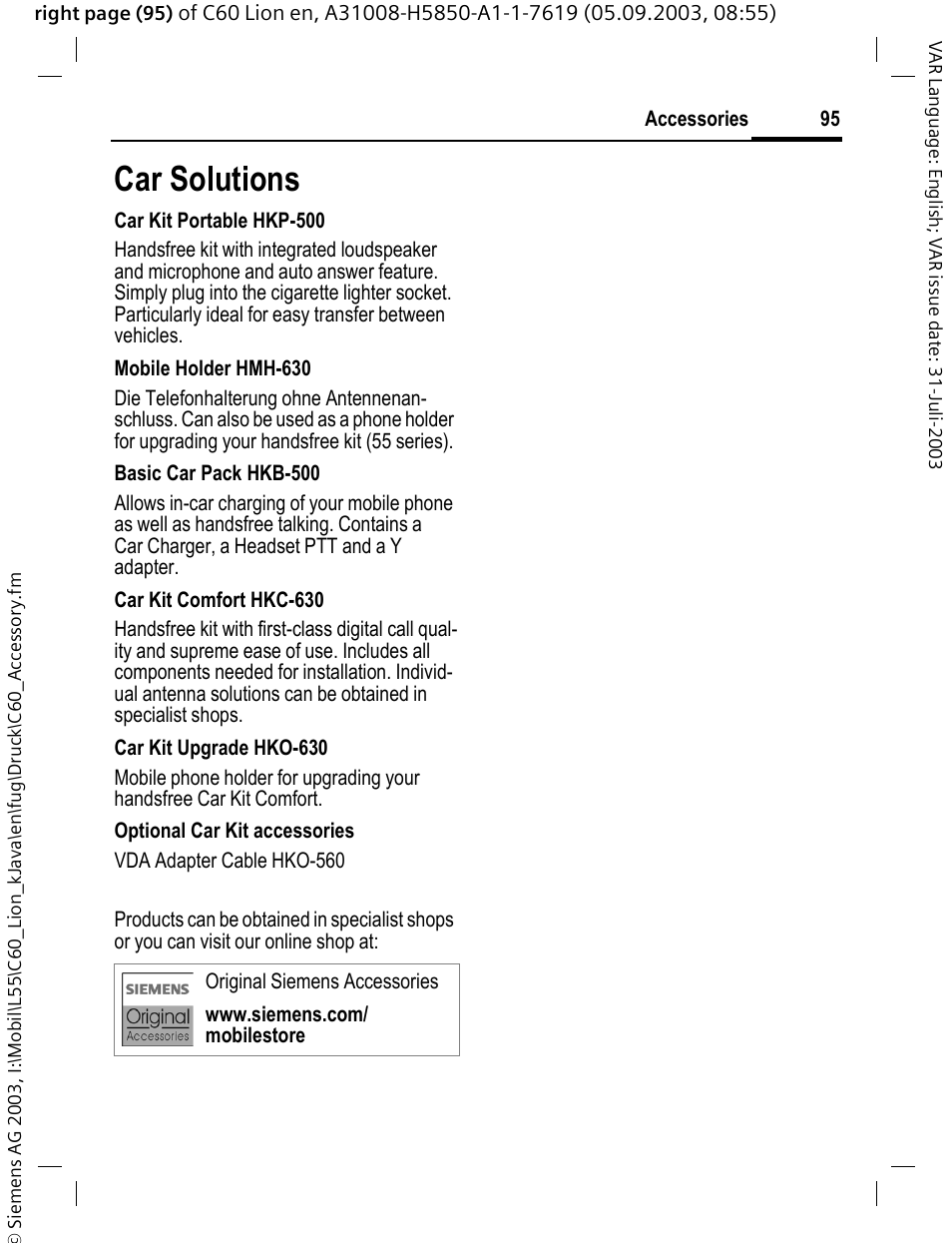 Car solutions | Siemens C60 User Manual | Page 96 / 112