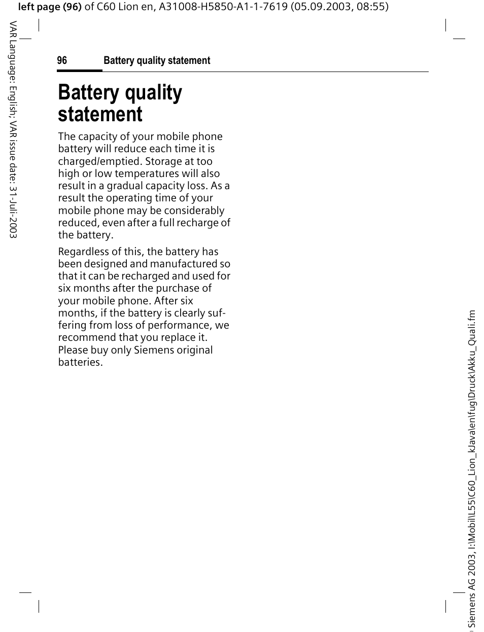 Battery quality statement | Siemens C60 User Manual | Page 97 / 112