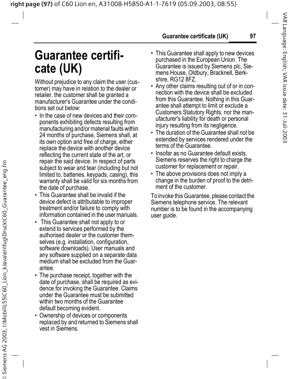 Guarantee certificate (uk), Guarantee certifi- cate (uk) | Siemens C60 User Manual | Page 98 / 112