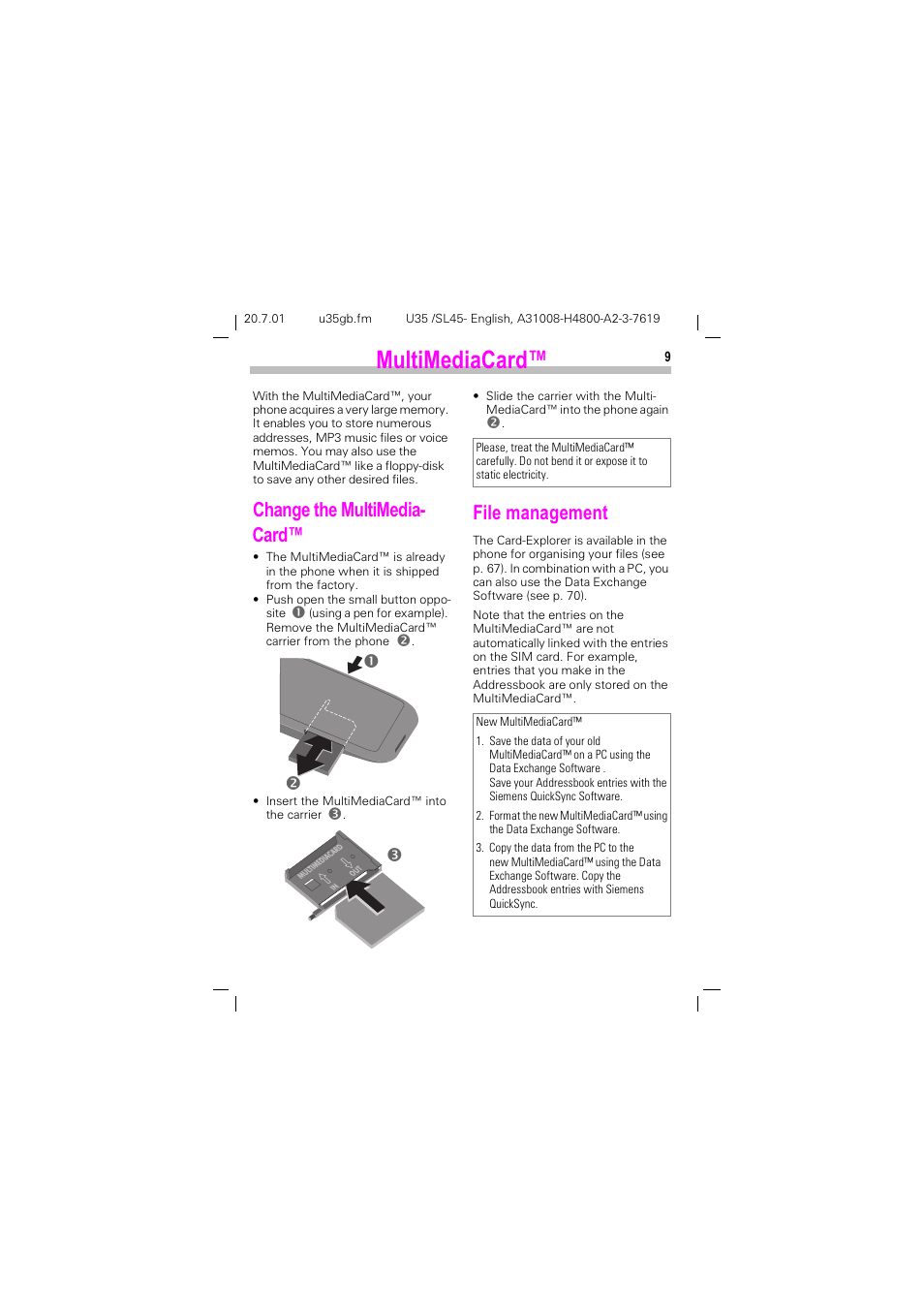 Multimediacard, 0xowl0hgld&dug, Kdqjh wkh 0xowl0hgld &dug | Loh pdqdjhphqw, No p | Siemens SL 42 User Manual | Page 11 / 86