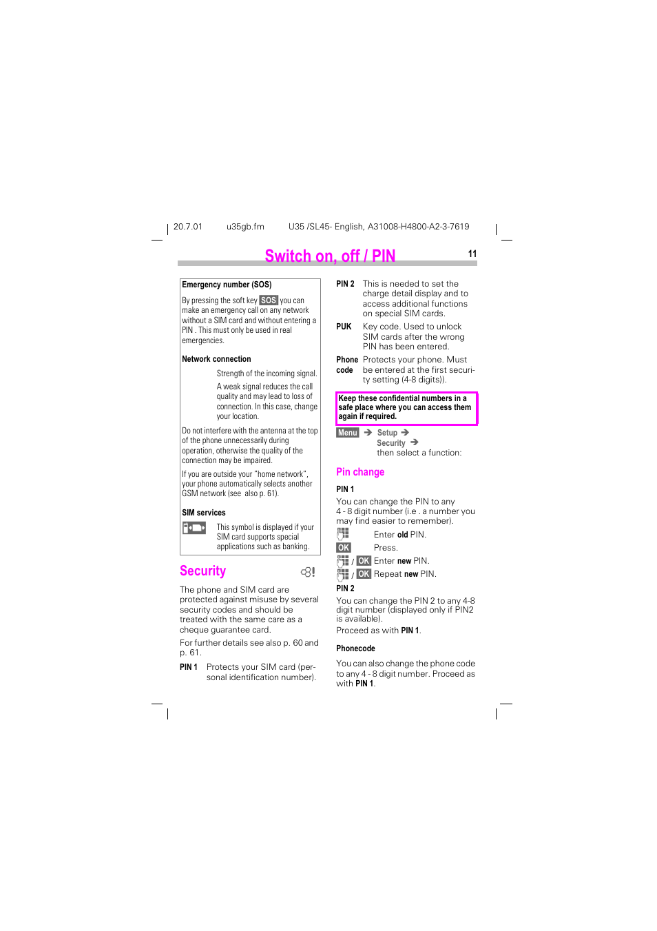 Security, 6zlwfk rq rii  3,1, 6hfxulw | Siemens SL 42 User Manual | Page 13 / 86