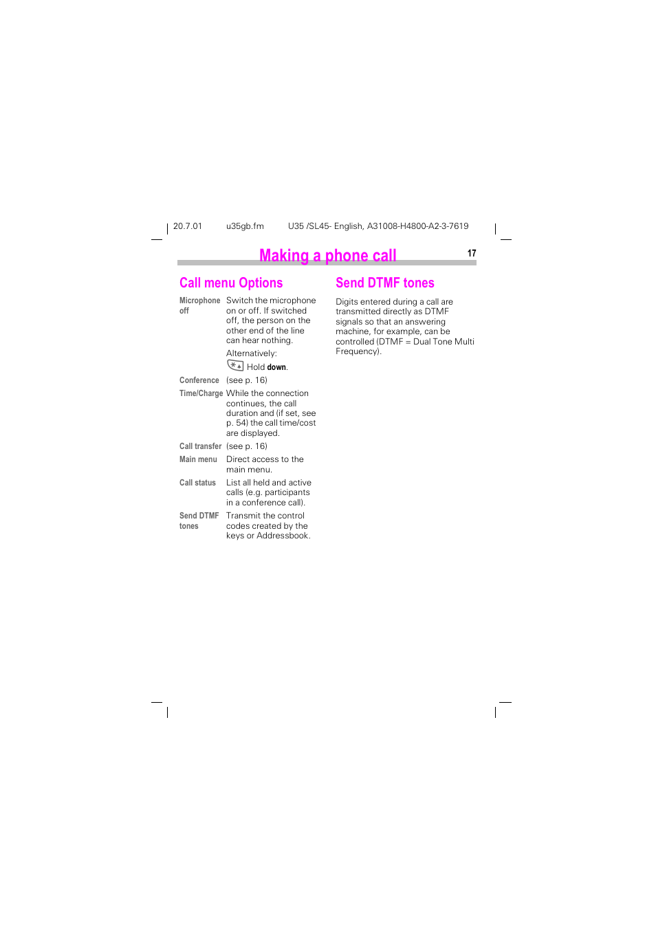 Send dtmf tones, 0dnlqj d skrqh fdoo, Doo phqx 2swlrqv | 6hqg '70) wrqhv | Siemens SL 42 User Manual | Page 19 / 86