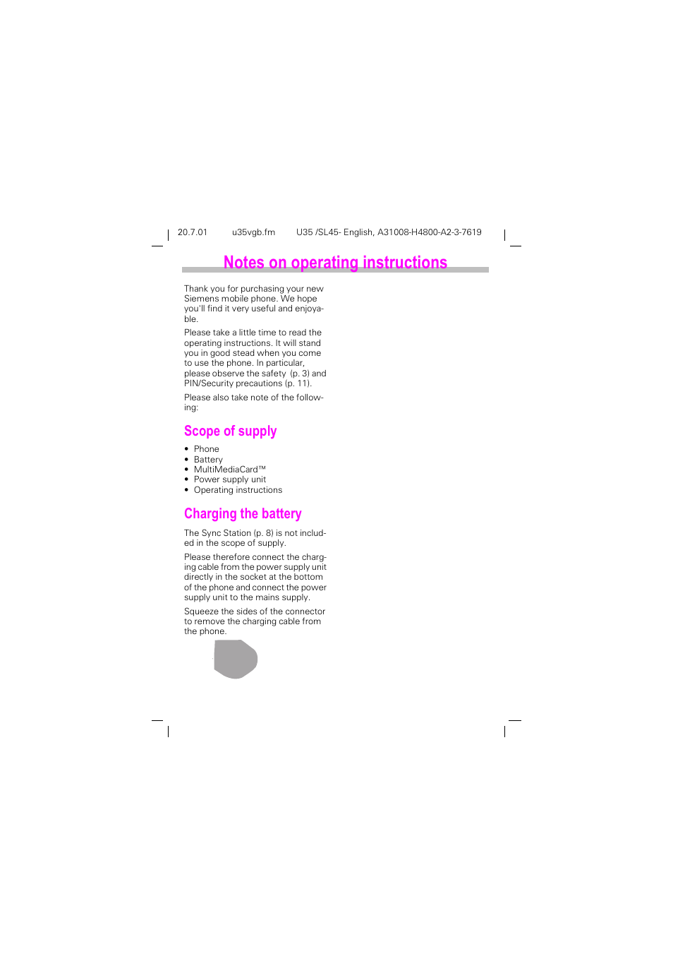 Scope of supply, Charging the battery, Exchanging data with pcs and mp3-players | 1rwhv rq rshudwlqj lqvwuxfwlrqv, 6frsh ri vxsso, Kdujlqj wkh edwwhu | Siemens SL 42 User Manual | Page 2 / 86