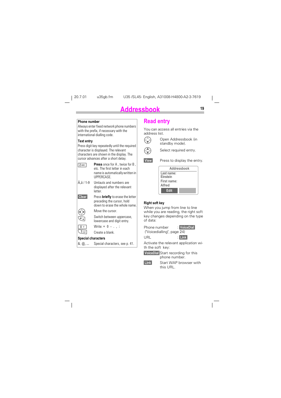 Read entry, Gguhvverrn, 5hdg hqwu | Siemens SL 42 User Manual | Page 21 / 86