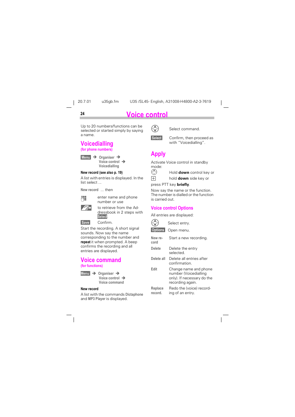 Voice control, Voicedialling, Voice command | 9rlfh frqwuro, Voicedialling voice command, 9rlfhgldoolqj, 9rlfh frppdqg | Siemens SL 42 User Manual | Page 26 / 86