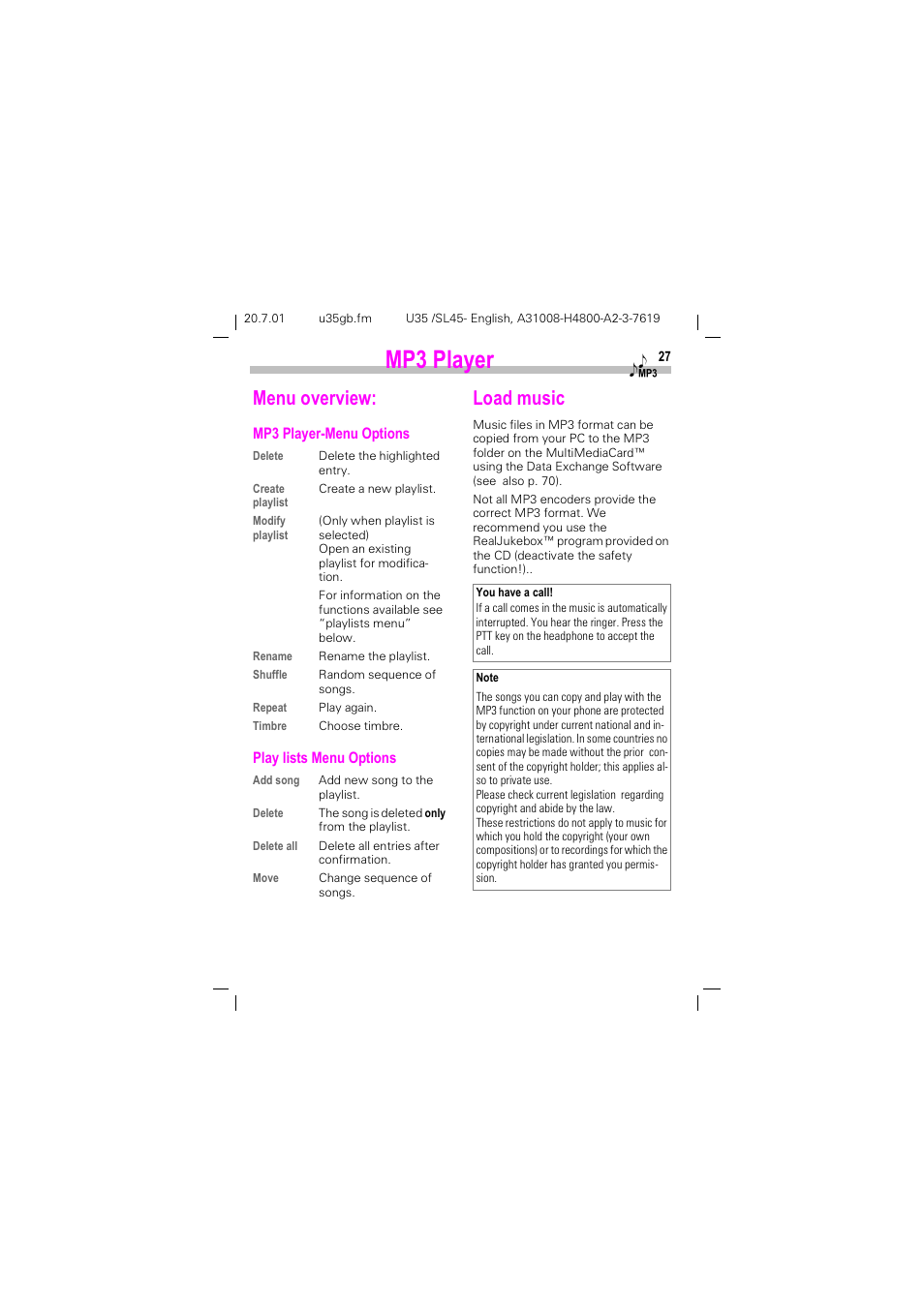 Load music, 03 3od\hu, 0hqx ryhuylhz | Rdg pxvlf | Siemens SL 42 User Manual | Page 29 / 86