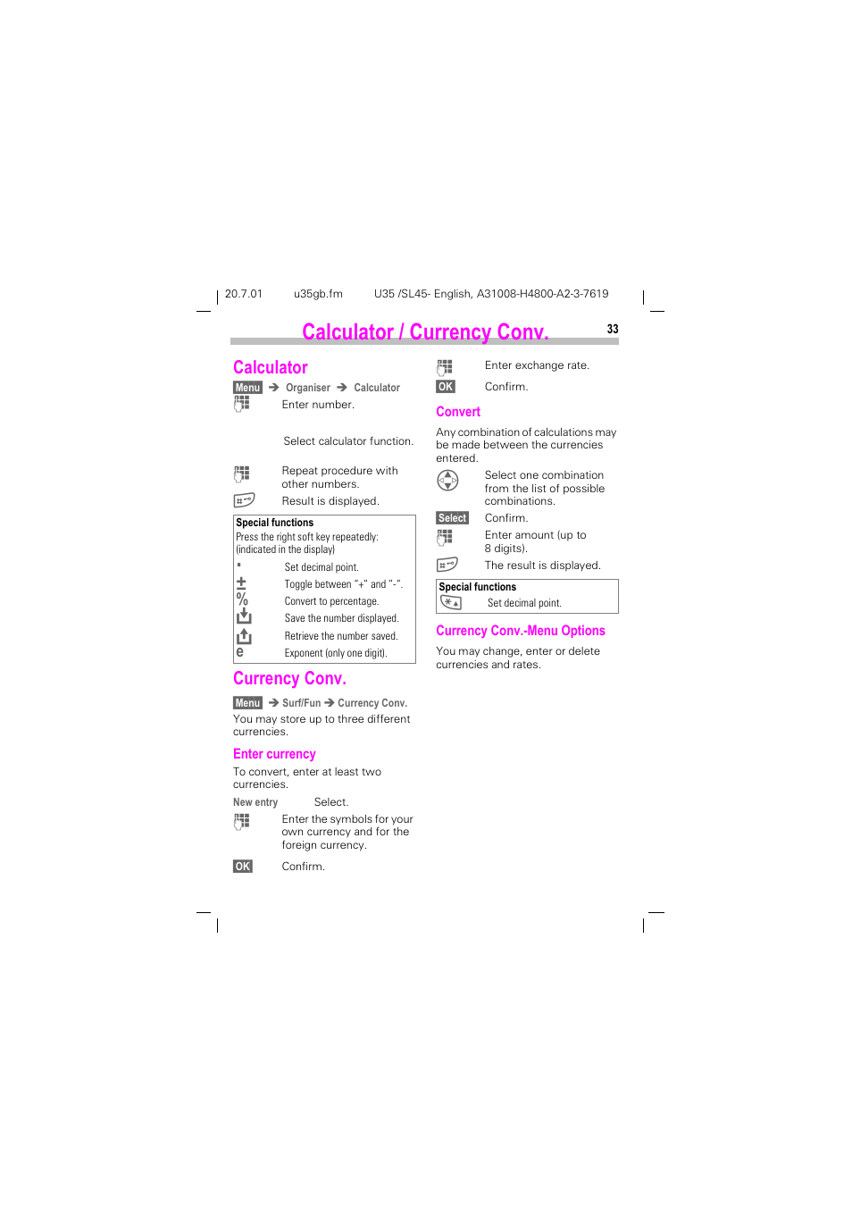 Calculator / currency conv, Dofxodwru  &xuuhqf\ &rqy, Dofxodwru | Xuuhqf\ &rqy | Siemens SL 42 User Manual | Page 35 / 86