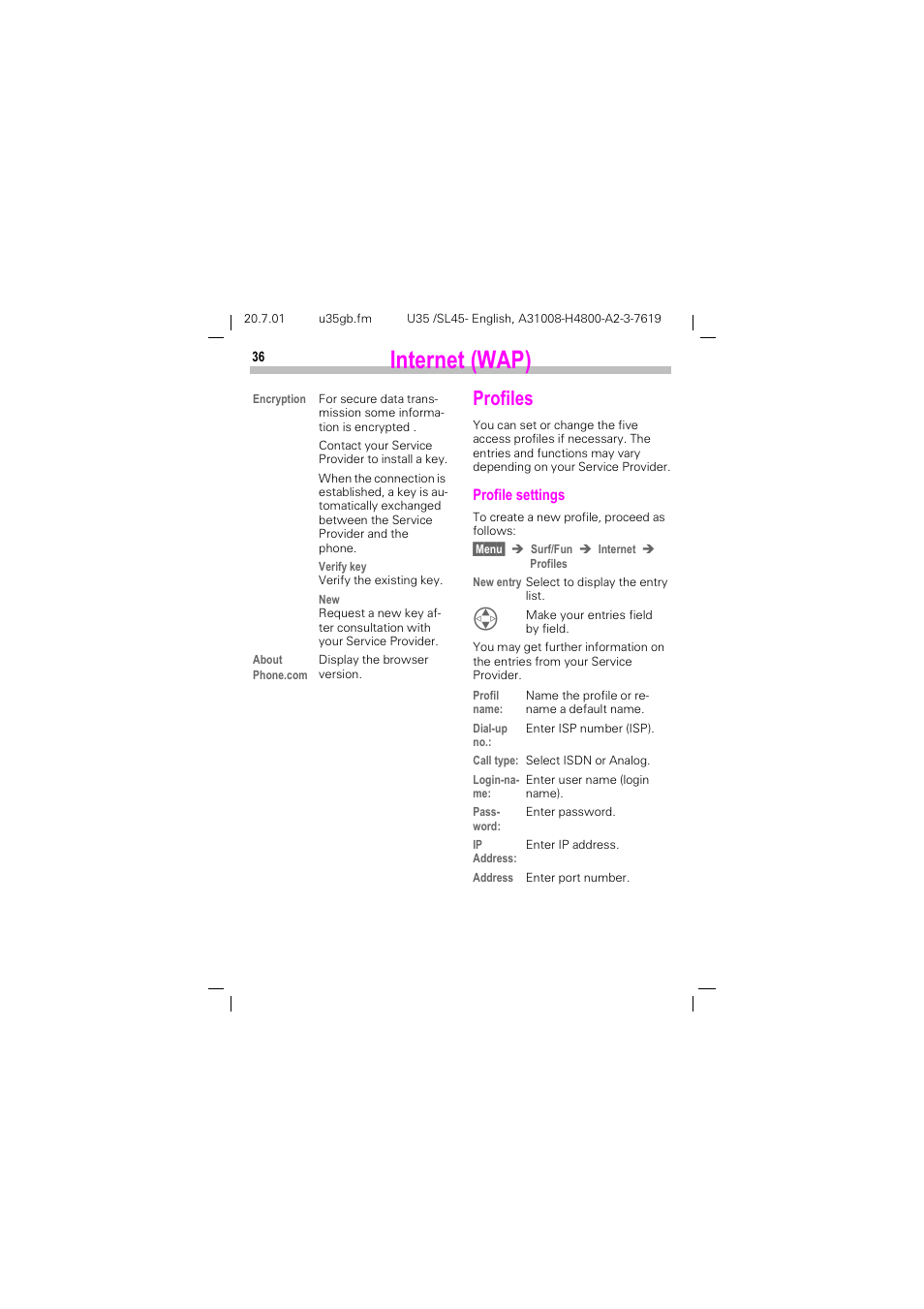 Profiles, Qwhuqhw :$3, 3urilohv | Siemens SL 42 User Manual | Page 38 / 86