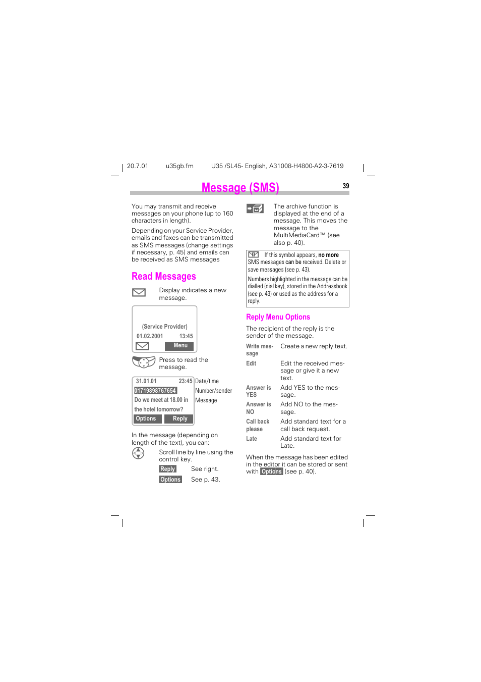 Message (sms), Read messages, 0hvvdjh 606 | 5hdg 0hvvdjhv | Siemens SL 42 User Manual | Page 41 / 86
