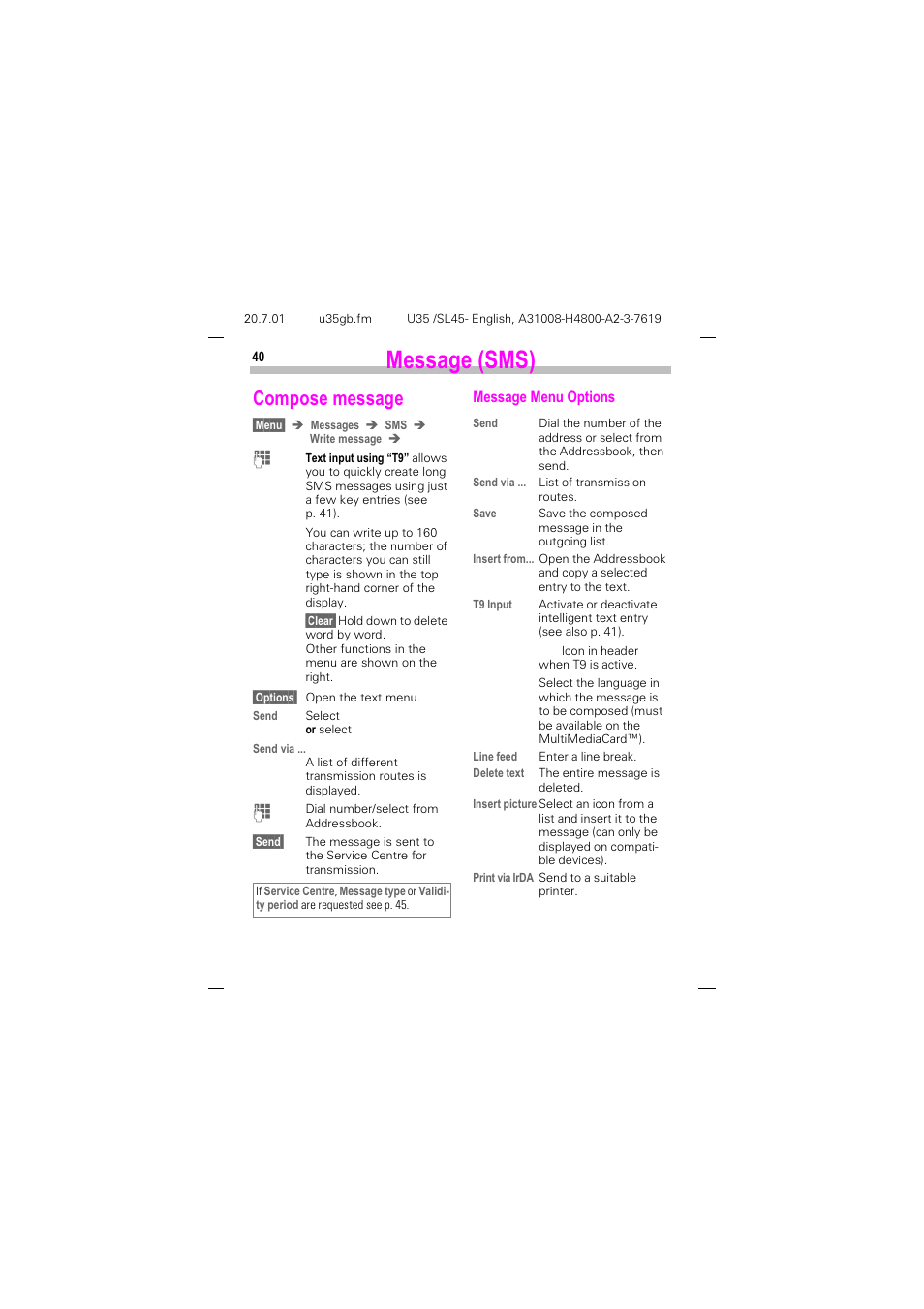 Compose message, See also p. 40), See p. 40) | 0hvvdjh 606, Rpsrvh phvvdjh | Siemens SL 42 User Manual | Page 42 / 86