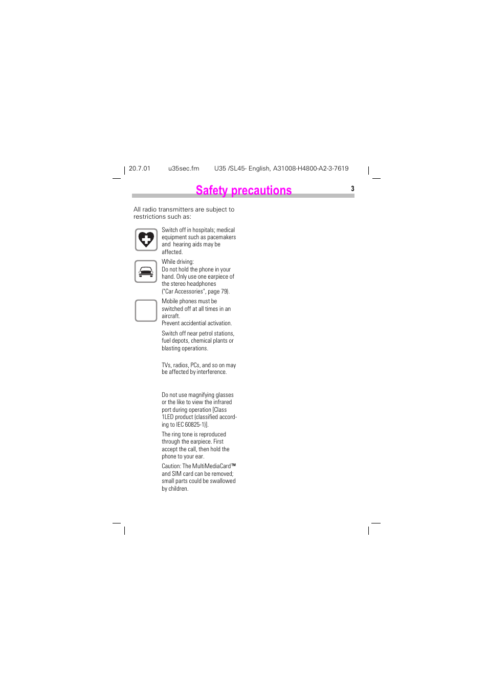 Safety precautions, 6dihw\ suhfdxwlrqv | Siemens SL 42 User Manual | Page 5 / 86