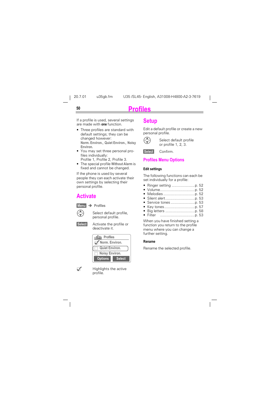 Profiles, Activate, 3urilohv | Fwlydwh, 6hwxs | Siemens SL 42 User Manual | Page 52 / 86