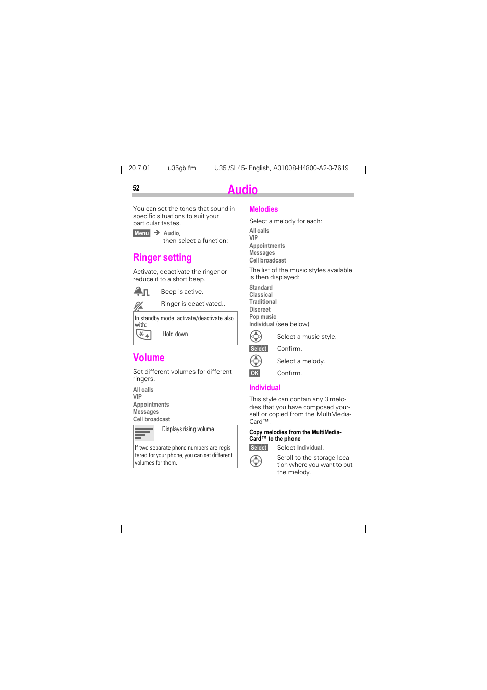 Audio, Ringer setting, Volume | Xglr, Ringer setting volume, See p. 52, P. 52, 5lqjhu vhwwlqj, 9roxph | Siemens SL 42 User Manual | Page 54 / 86