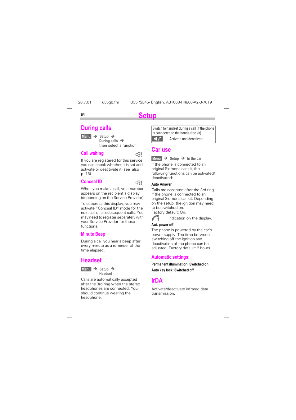 During calls, Headset, Car use | Irda, During calls headset car use irda, See "irda", p. 64), 6hwxs, Xulqj fdoov, Hdgvhw, Du xvh | Siemens SL 42 User Manual | Page 66 / 86