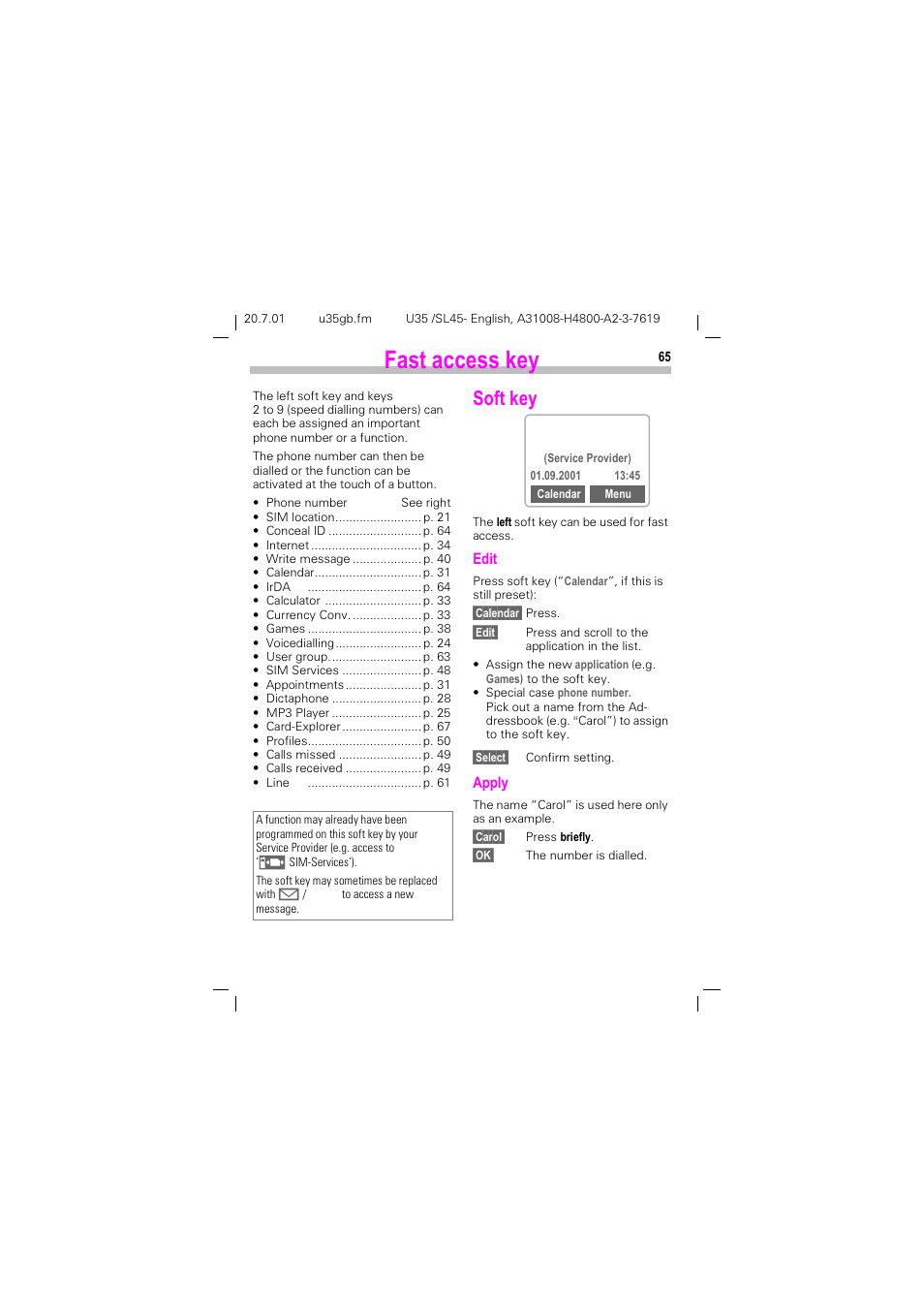 Fast access key, Soft key, Dvw dffhvv nh | 6riw nh | Siemens SL 42 User Manual | Page 67 / 86