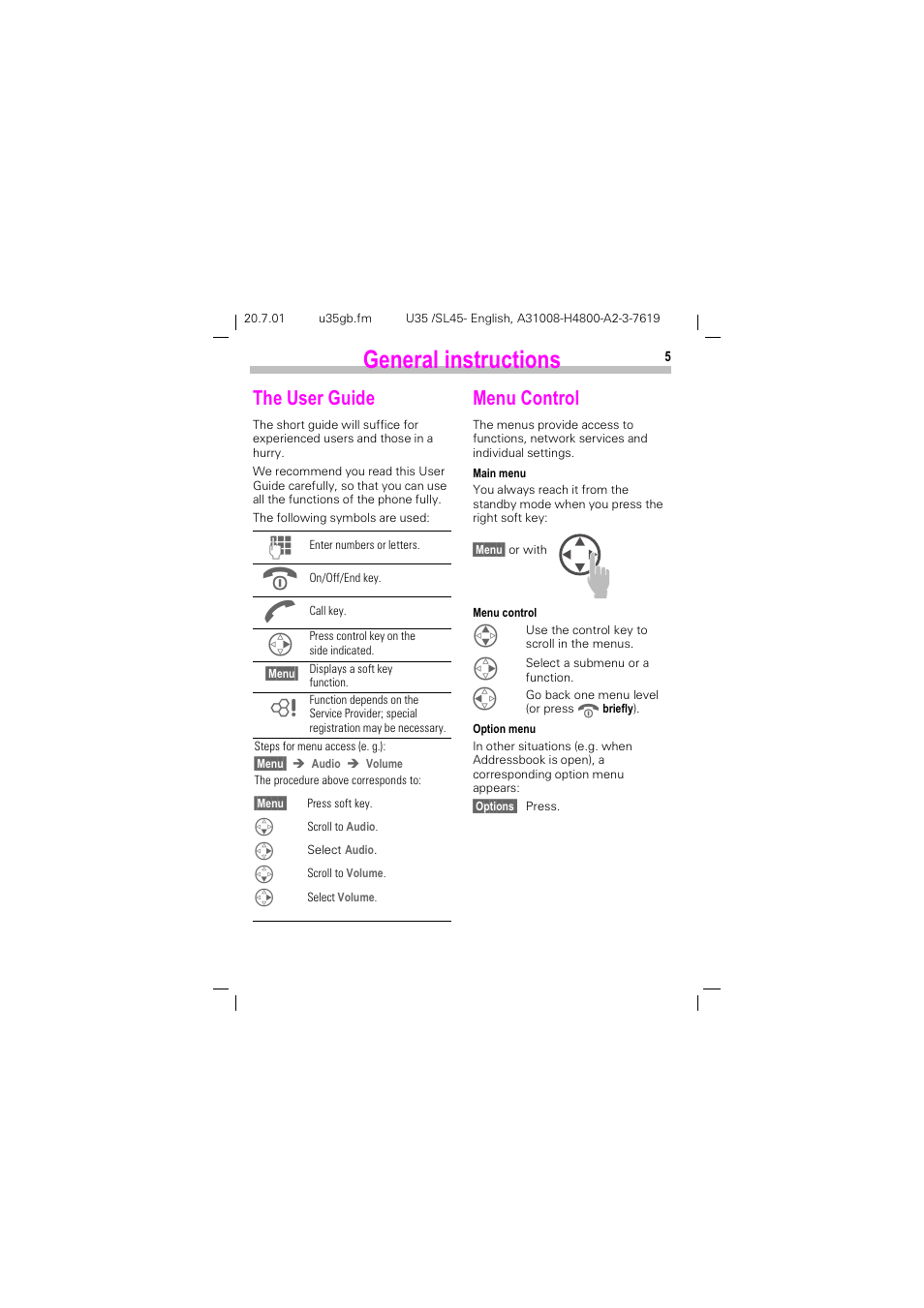 General instructions, The user guide, Menu control | Hqhudo lqvwuxfwlrqv, The user guide menu control, 7kh 8vhu *xlgh, 0hqx &rqwuro | Siemens SL 42 User Manual | Page 7 / 86