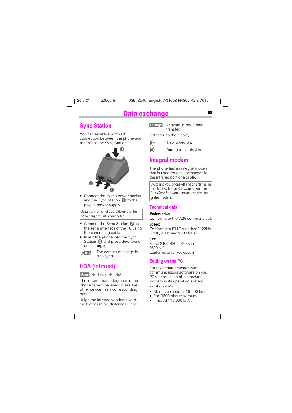 Data exchange, Sync station, Irda (infrared) | Integral modem, Dwd h[fkdqjh, Sync station irda (infrared) integral modem, 6\qf 6wdwlrq, U'$ ,qiuduhg, Qwhjudo prghp, Op n | Siemens SL 42 User Manual | Page 71 / 86