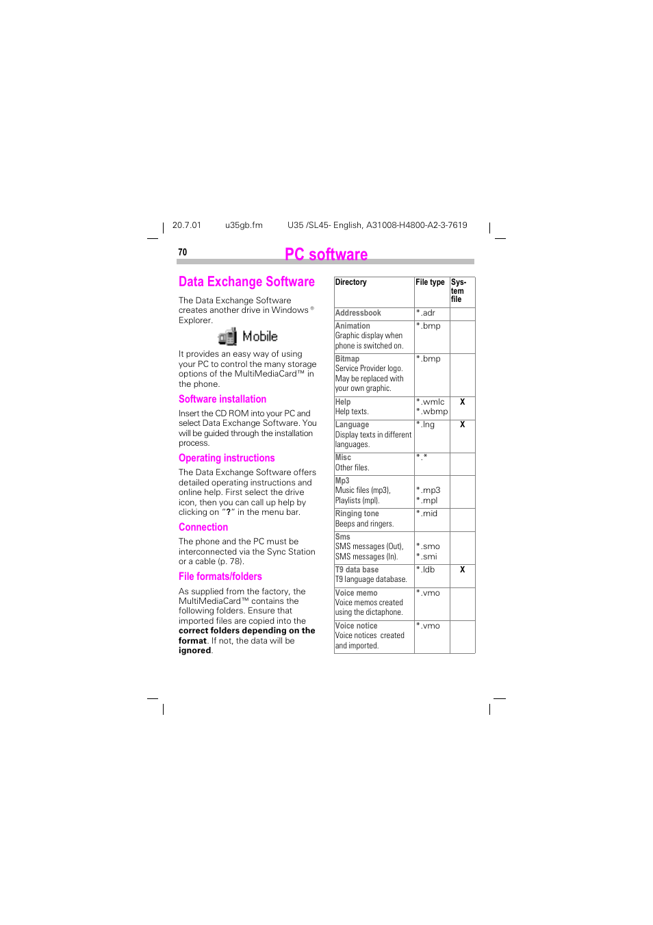 Pc software, Data exchange software, 3& vriwzduh | P. 70), Dwd ([fkdqjh 6riwzduh | Siemens SL 42 User Manual | Page 72 / 86