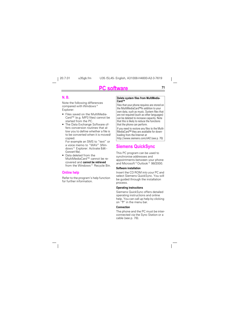 Siemens quicksync, 3& vriwzduh, 6lhphqv 4xlfn6\qf | Siemens SL 42 User Manual | Page 73 / 86