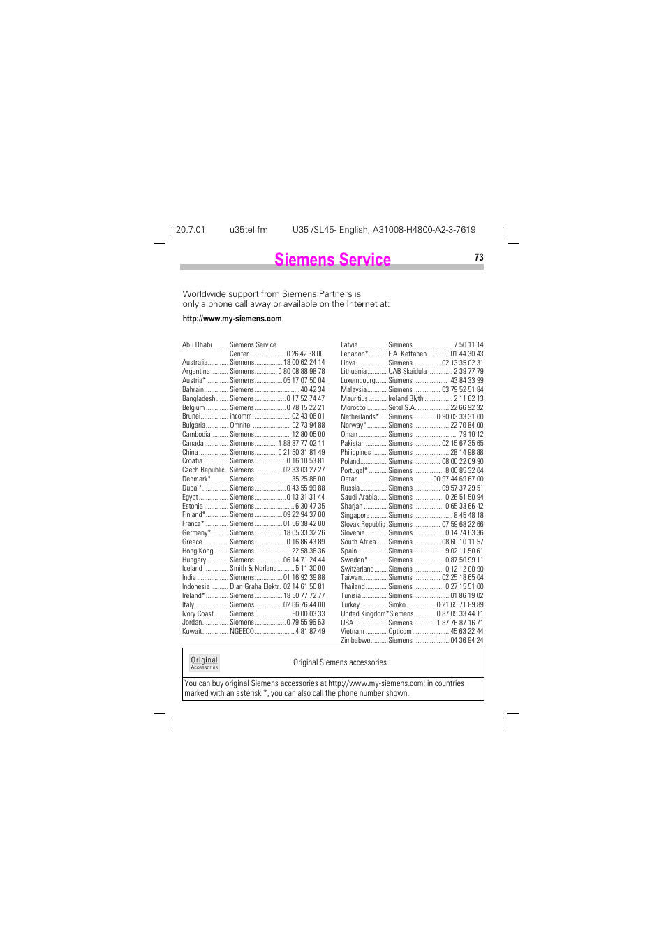 Siemens service, 6lhphqv 6huylfh | Siemens SL 42 User Manual | Page 75 / 86