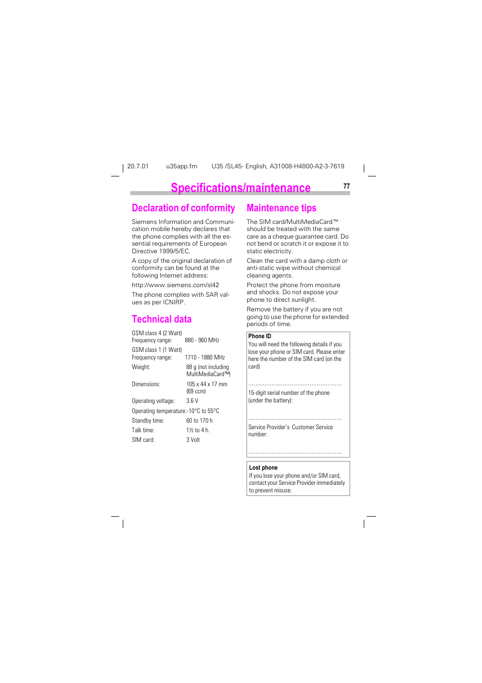 Specifications/maintenance, Declaration of conformity, Technical data | Maintenance tips, 6shflilfdwlrqvpdlqwhqdqfh, Hfodudwlrq ri frqiruplw, 7hfkqlfdo gdwd, 0dlqwhqdqfh wlsv | Siemens SL 42 User Manual | Page 79 / 86