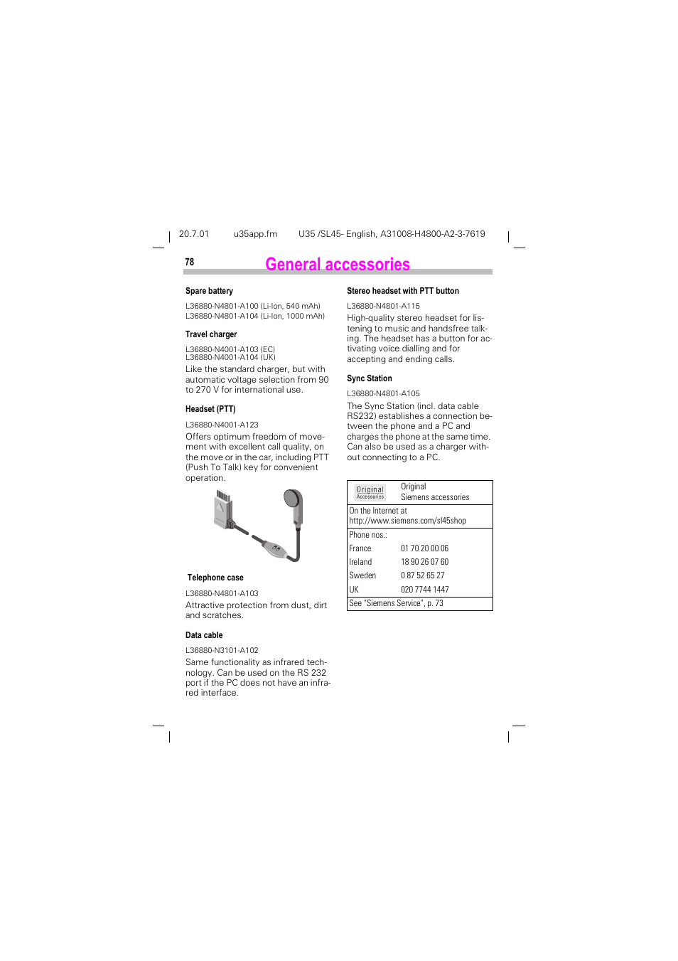 General accessories, Hqhudo dffhvvrulhv | Siemens SL 42 User Manual | Page 80 / 86