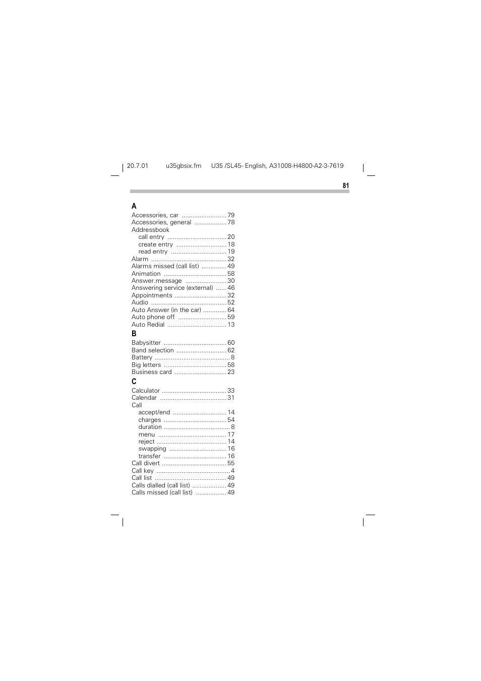 Index | Siemens SL 42 User Manual | Page 83 / 86