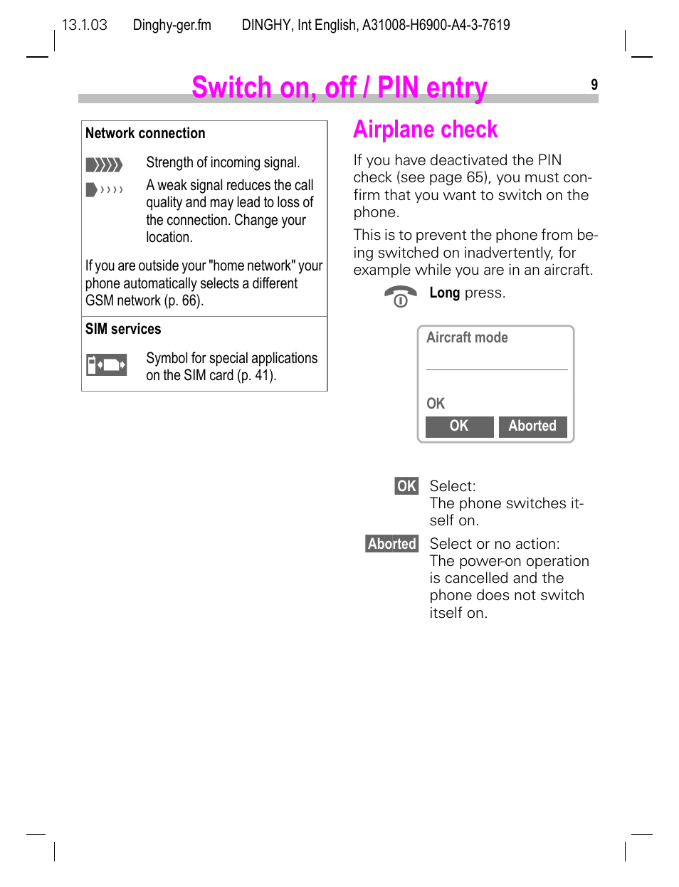 Airplane check, Switch on, off / pin entry | Siemens CL50 User Manual | Page 10 / 86