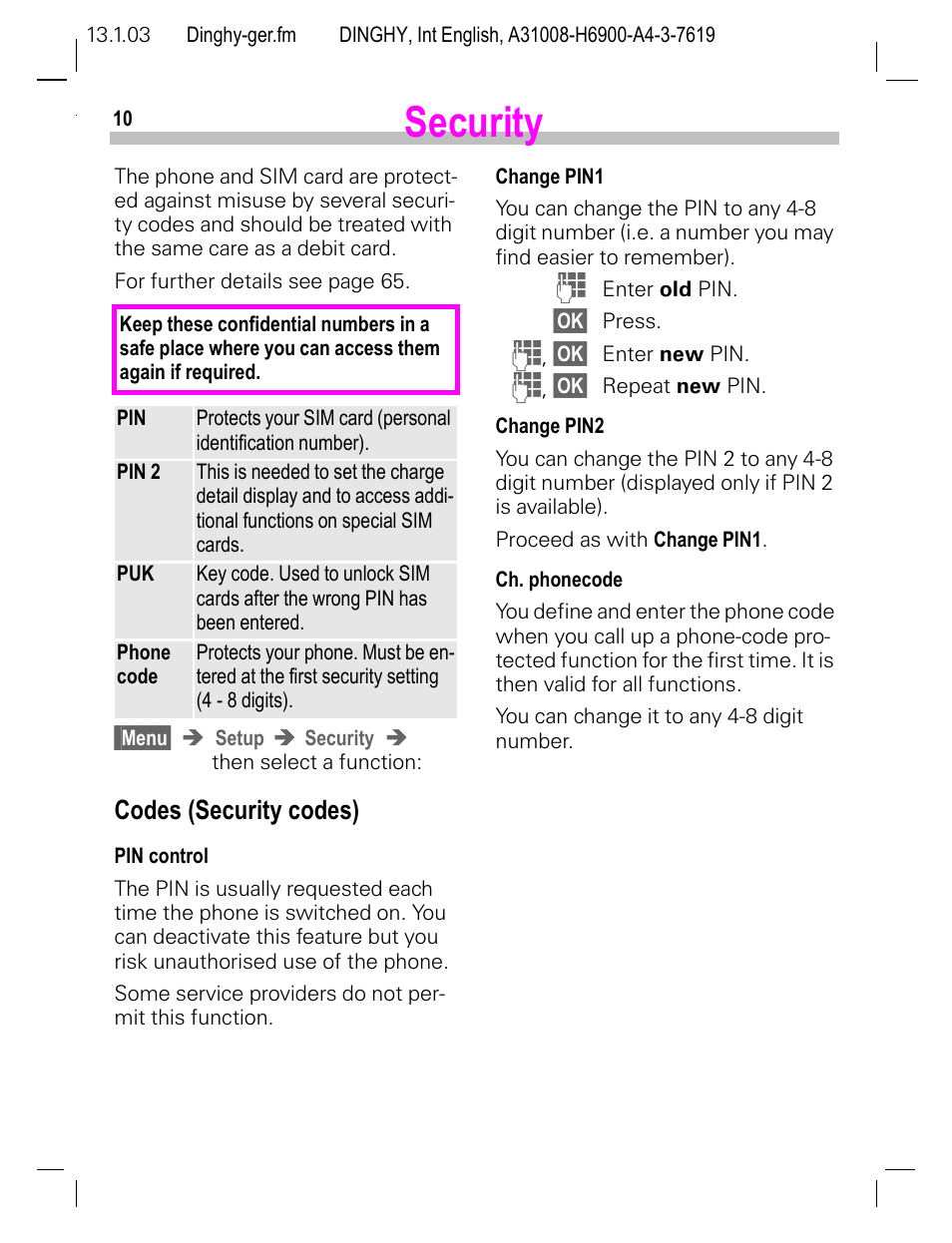 Security, Codes (security codes), Pin (p. 10) | Siemens CL50 User Manual | Page 11 / 86