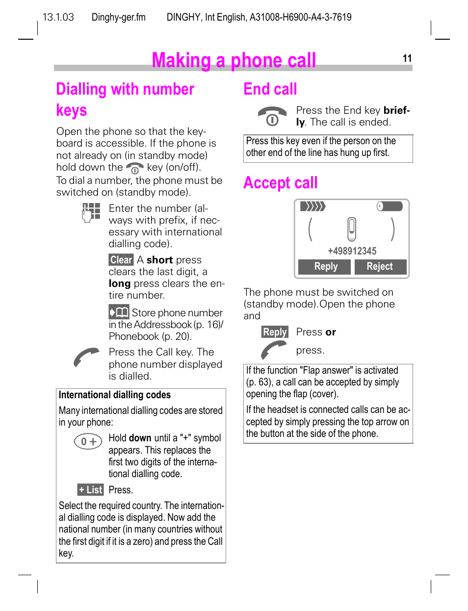 Making a phone call, Dialling with number keys, End call | Accept call | Siemens CL50 User Manual | Page 12 / 86