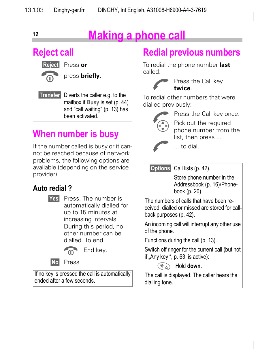 Reject call, When number is busy, Auto redial | Redial previous numbers, Making a phone call | Siemens CL50 User Manual | Page 13 / 86