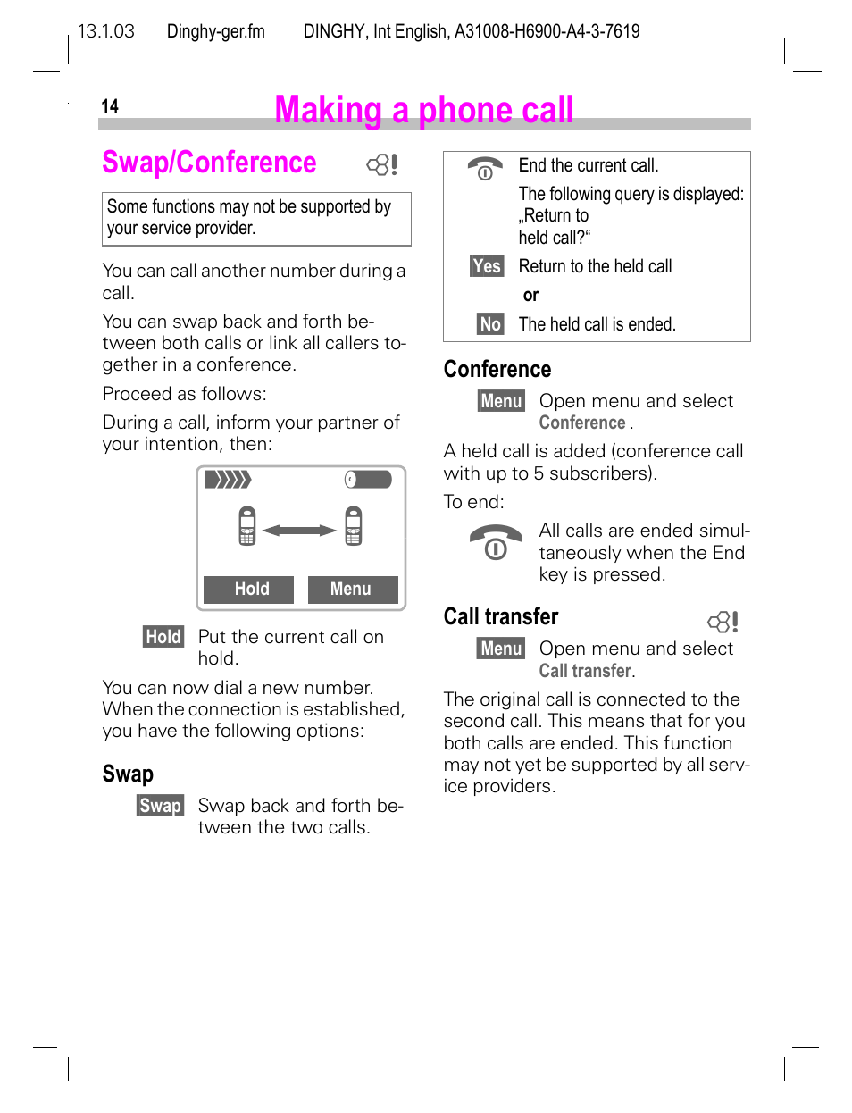 Swap/conference, Swap, Conference | Call transfer, Making a phone call | Siemens CL50 User Manual | Page 15 / 86