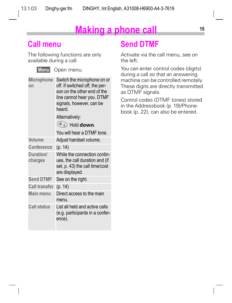 Call menu, Send dtmf, Making a phone call | Siemens CL50 User Manual | Page 16 / 86