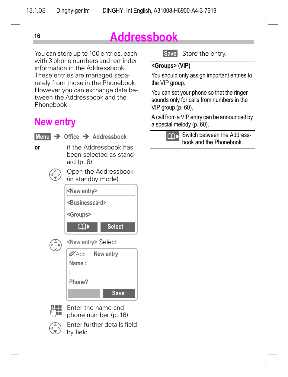 Addressbook, New entry, K (p. 16)/p | Siemens CL50 User Manual | Page 17 / 86