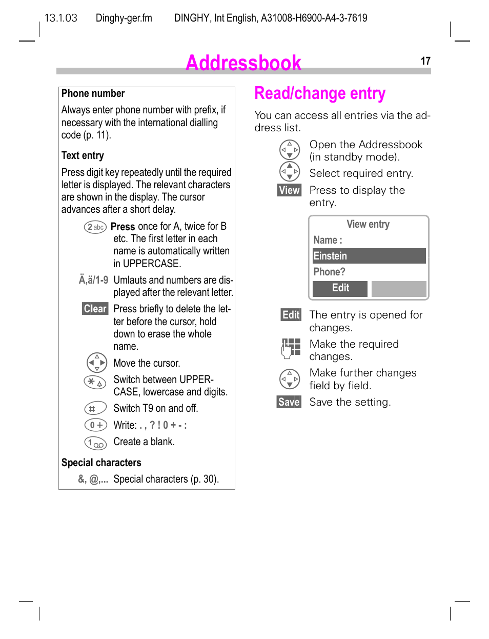 Read/change entry, Addressbook | Siemens CL50 User Manual | Page 18 / 86