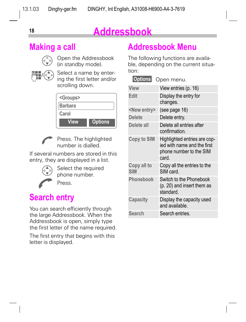 Making a call, Search entry, Addressbook menu | P. 18), Addressbook | Siemens CL50 User Manual | Page 19 / 86