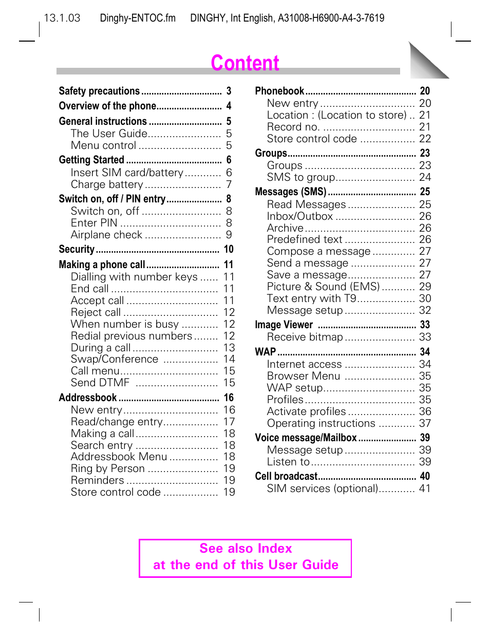 Ccontent, Content, See also index at the end of this user guide | Siemens CL50 User Manual | Page 2 / 86