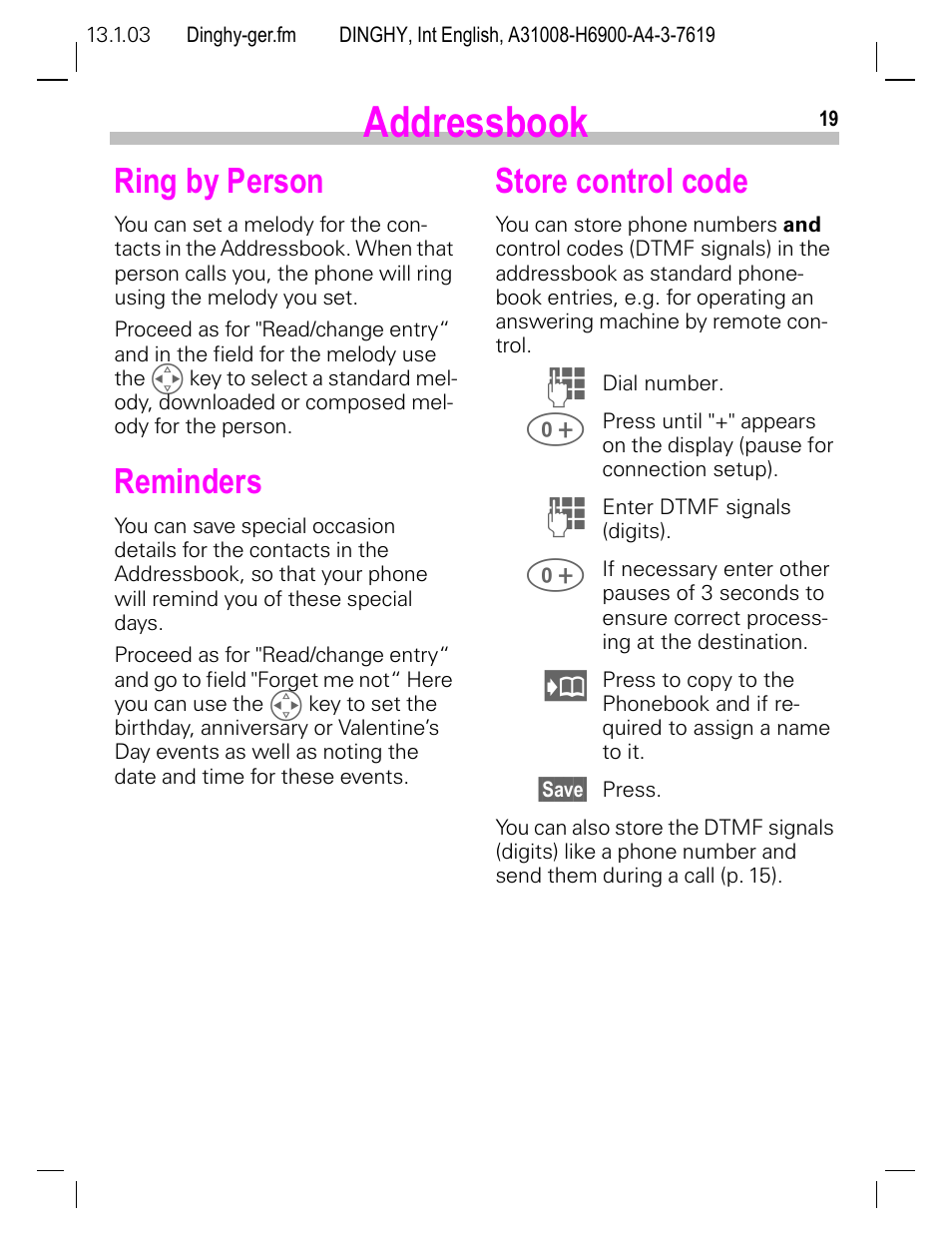 Ring by person, Reminders, Store control code | Ook (p. 19)/phon, Addressbook | Siemens CL50 User Manual | Page 20 / 86