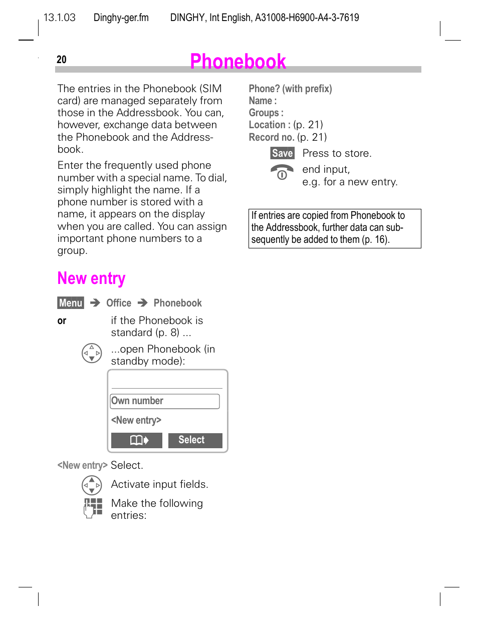 Phonebook, New entry, K (p. 20) | Siemens CL50 User Manual | Page 21 / 86