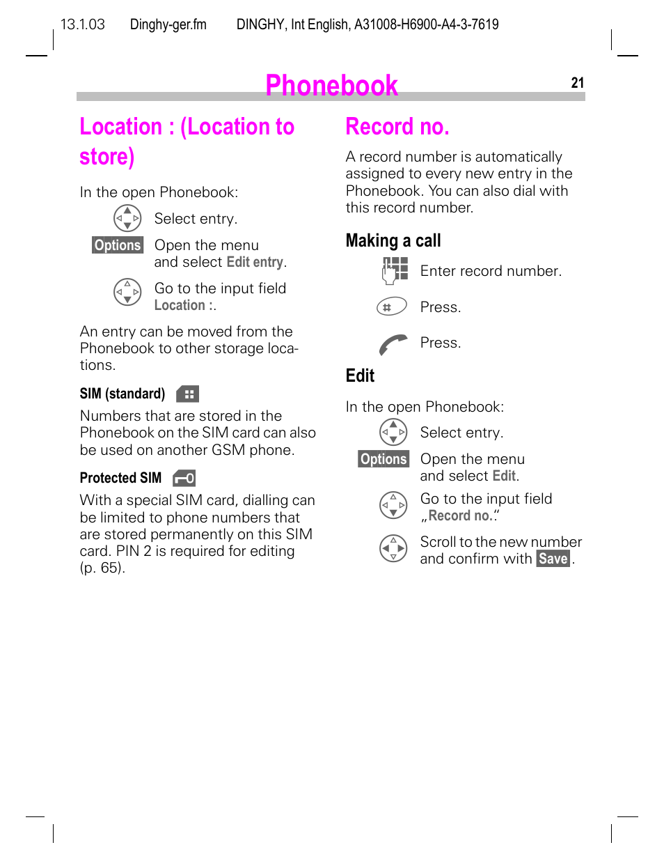 Location : (location to store), Record no, Making a call | Edit, P. 21), Phonebook | Siemens CL50 User Manual | Page 22 / 86