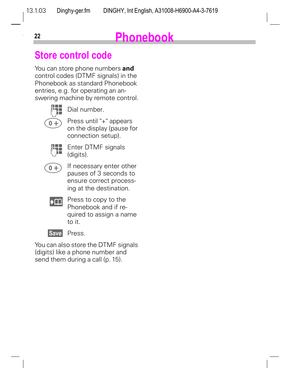 Store control code, Book (p. 22), can als, Phonebook | Siemens CL50 User Manual | Page 23 / 86